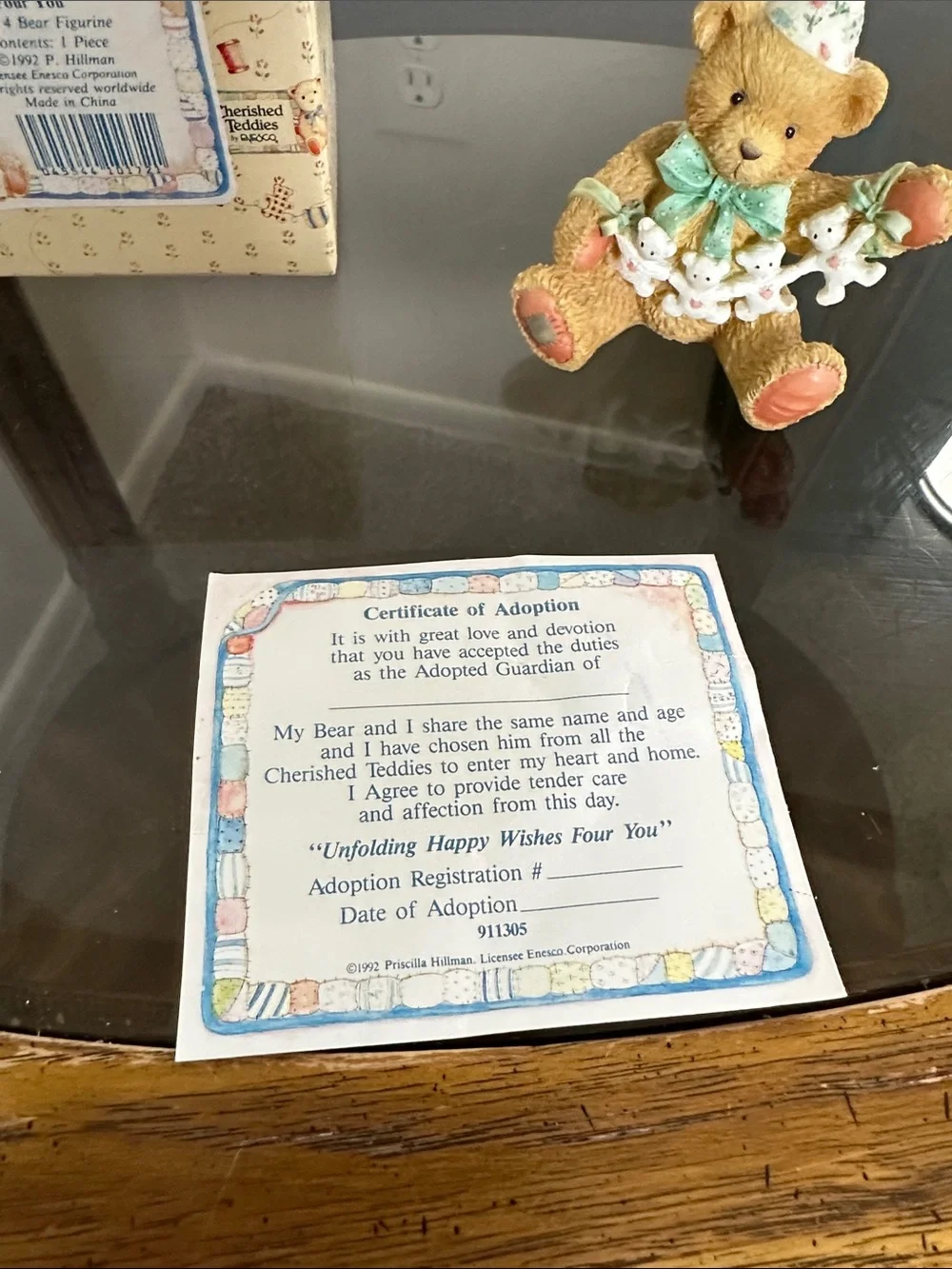 Cherished Teddies Tan Bear Figurine with Green Hat and Garland